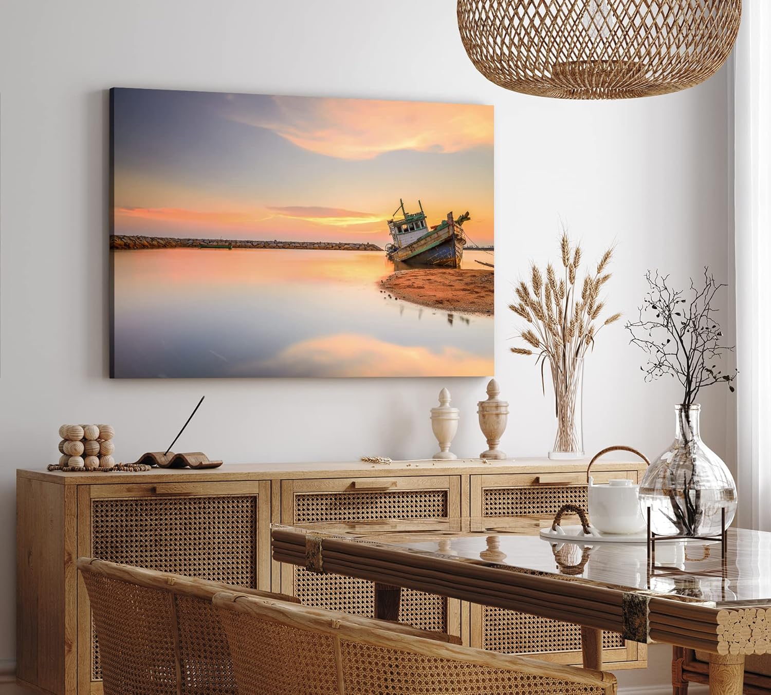 Paul Sinus Wandbild 120x80cm Meer Fischerboot Schiffswrack Fotokunst rosa Himmel