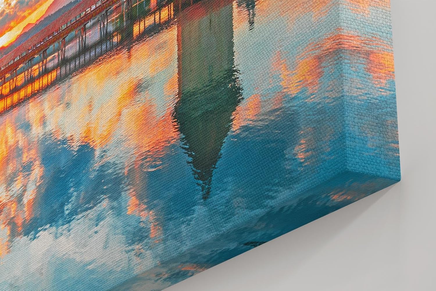 Sinus Art Wandbild 120x80cm Kapellbrücke und Wasserturm im Sonnenuntergang mit Spiegelung für atmosphärische Raumwirkung