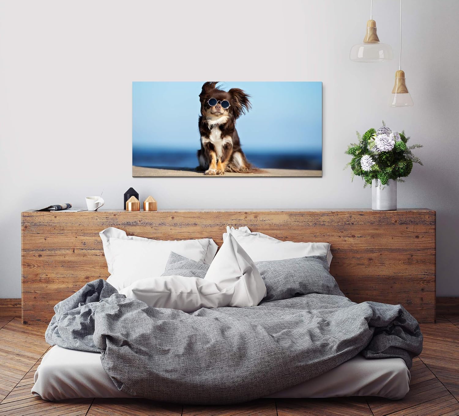 Hund mit Sonnenbrille ca. 130x70cm Wandbild inklusive Schattenfugenrahmen schwarz - Panorama Leinwand Bild XXL Format Wandbilder Wohnzimmer Wohnung Deko Kunstdrucke