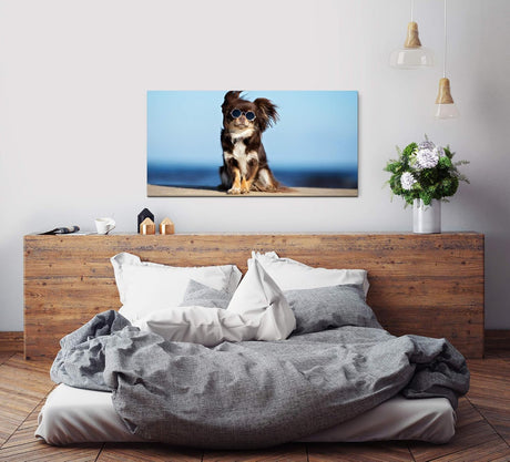 Hund mit Sonnenbrille ca. 130x70cm Wandbild inklusive Schattenfugenrahmen weiss - Panorama Leinwand Bild XXL Format Wandbilder Wohnzimmer Wohnung Deko Kunstdrucke
