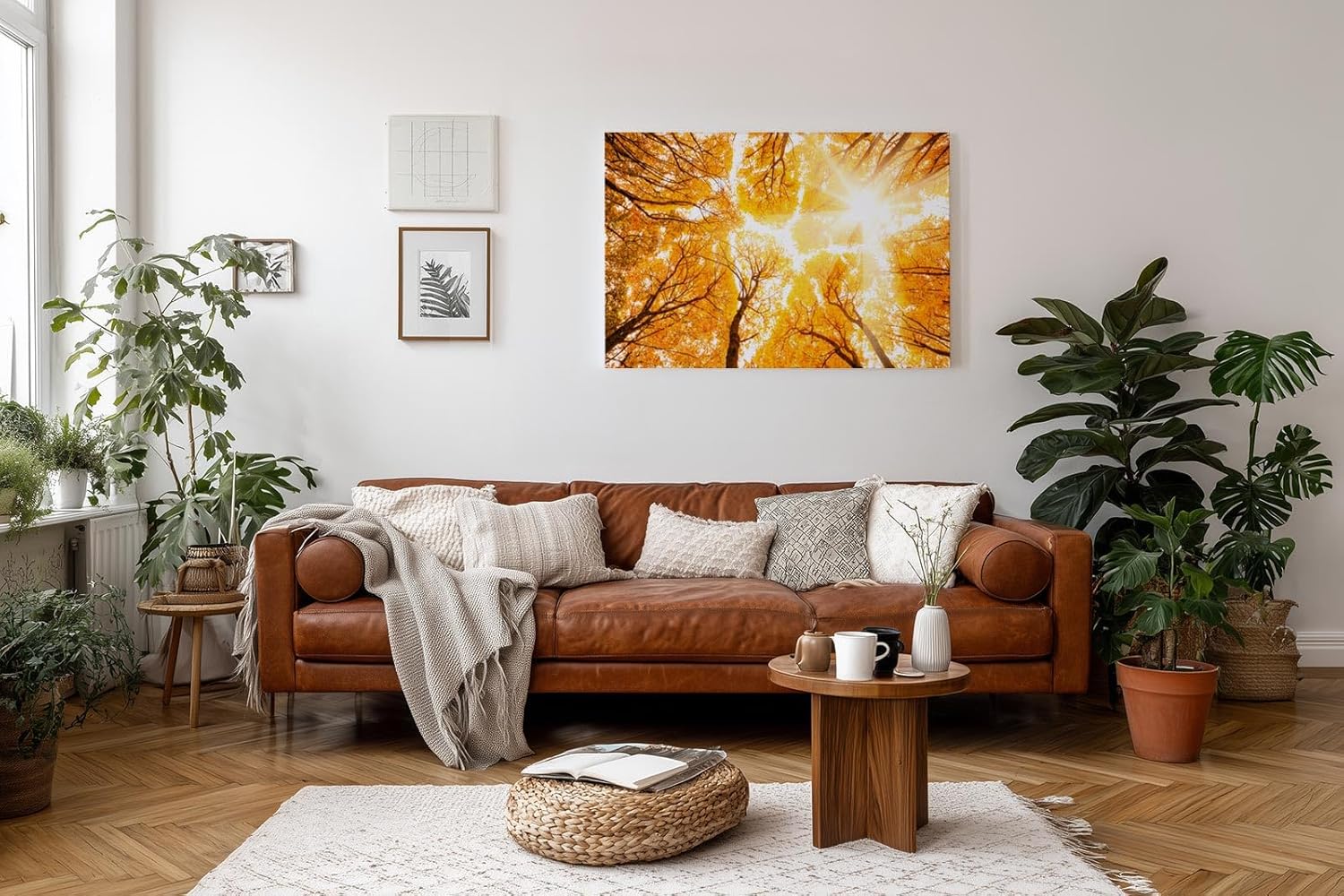 Sinus Art Wandbild 120x80cm Faszinierender Blick durch herbstlich gefärbte Baumwipfel in warmem Licht