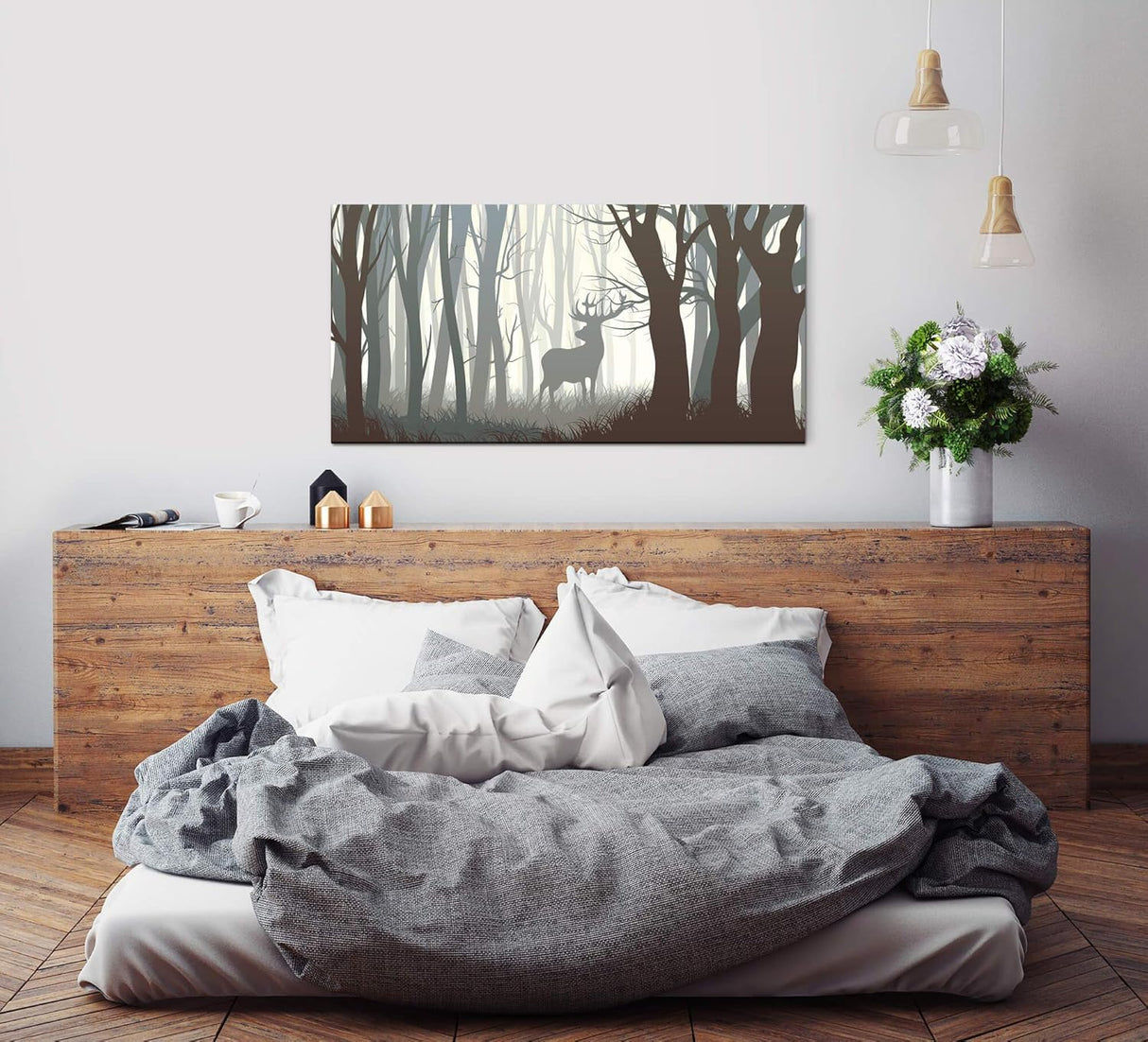 Rehbock in einem Wald ca. 130x70cm Wandbild inklusive Schattenfugenrahmen weiss - Panorama Leinwand Bild XXL Format Wandbilder Wohnzimmer Wohnung Deko Kunstdrucke