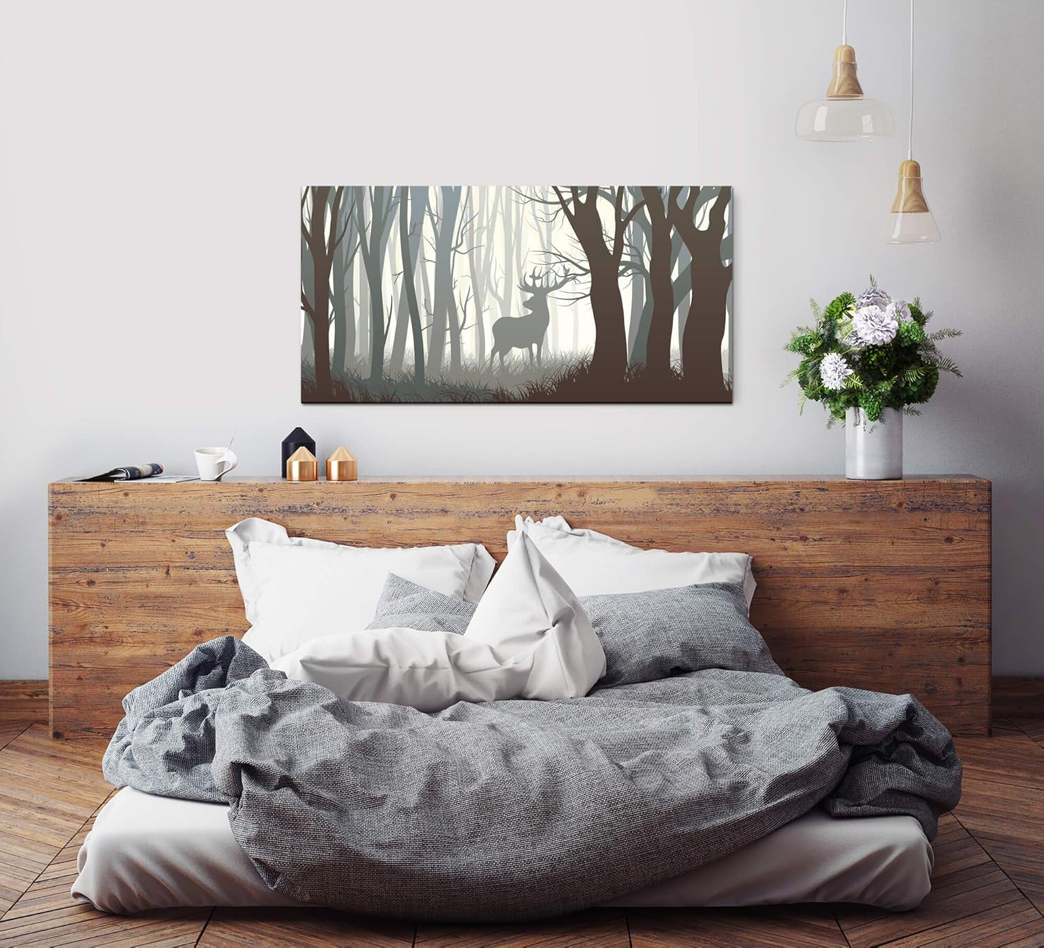 Rehbock in einem Wald ca. 130x70cm Wandbild inklusive Schattenfugenrahmen schwarz - Panorama Leinwand Bild XXL Format Wandbilder Wohnzimmer Wohnung Deko Kunstdrucke