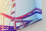 Sinus Art Wandbild 120x80cm Farbenfrohes Riesenrad mit Achterbahn im Vordergrund für nostalgische Dynamik