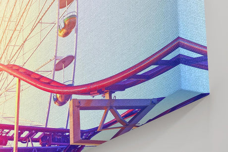 Sinus Art Wandbild 120x80cm Farbenfrohes Riesenrad mit Achterbahn im Vordergrund für nostalgische Dynamik