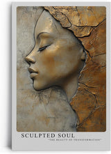 Paul Sinus Leinwandbild 80x120cm skulpturales Frauenporträt mit goldener Textur und abstrakter Tiefe – kunstvolles Leinwandbild für moderne Raumgestaltung