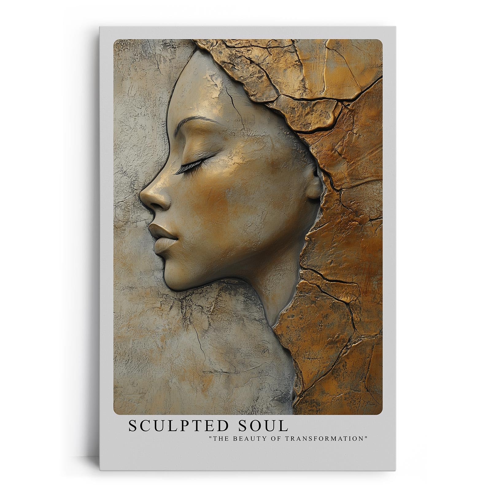 Paul Sinus Leinwandbild 80x120cm skulpturales Frauenporträt mit goldener Textur und abstrakter Tiefe – kunstvolles Leinwandbild für moderne Raumgestaltung