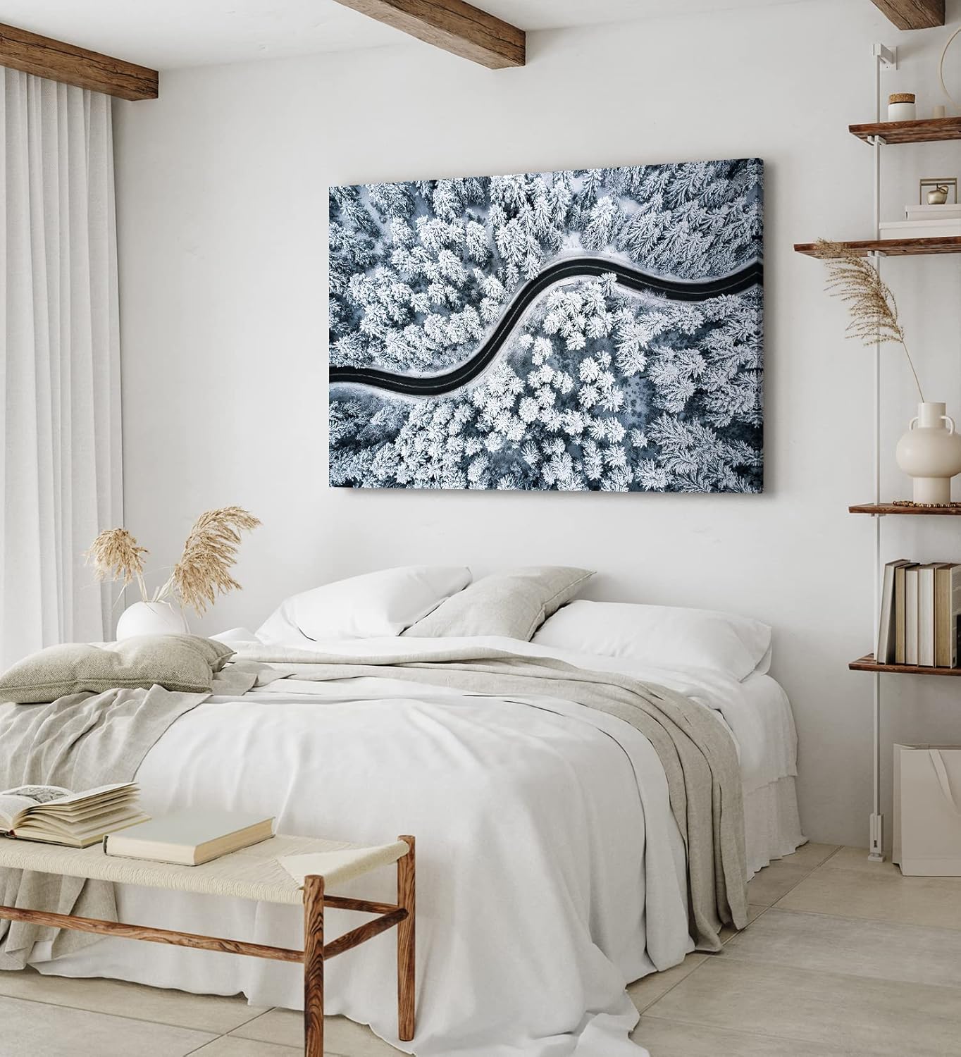 Paul Sinus Wandbild 120x80cm Wald aus der Vogelperspektive Tannenwald Waldstraße Schnee Winter