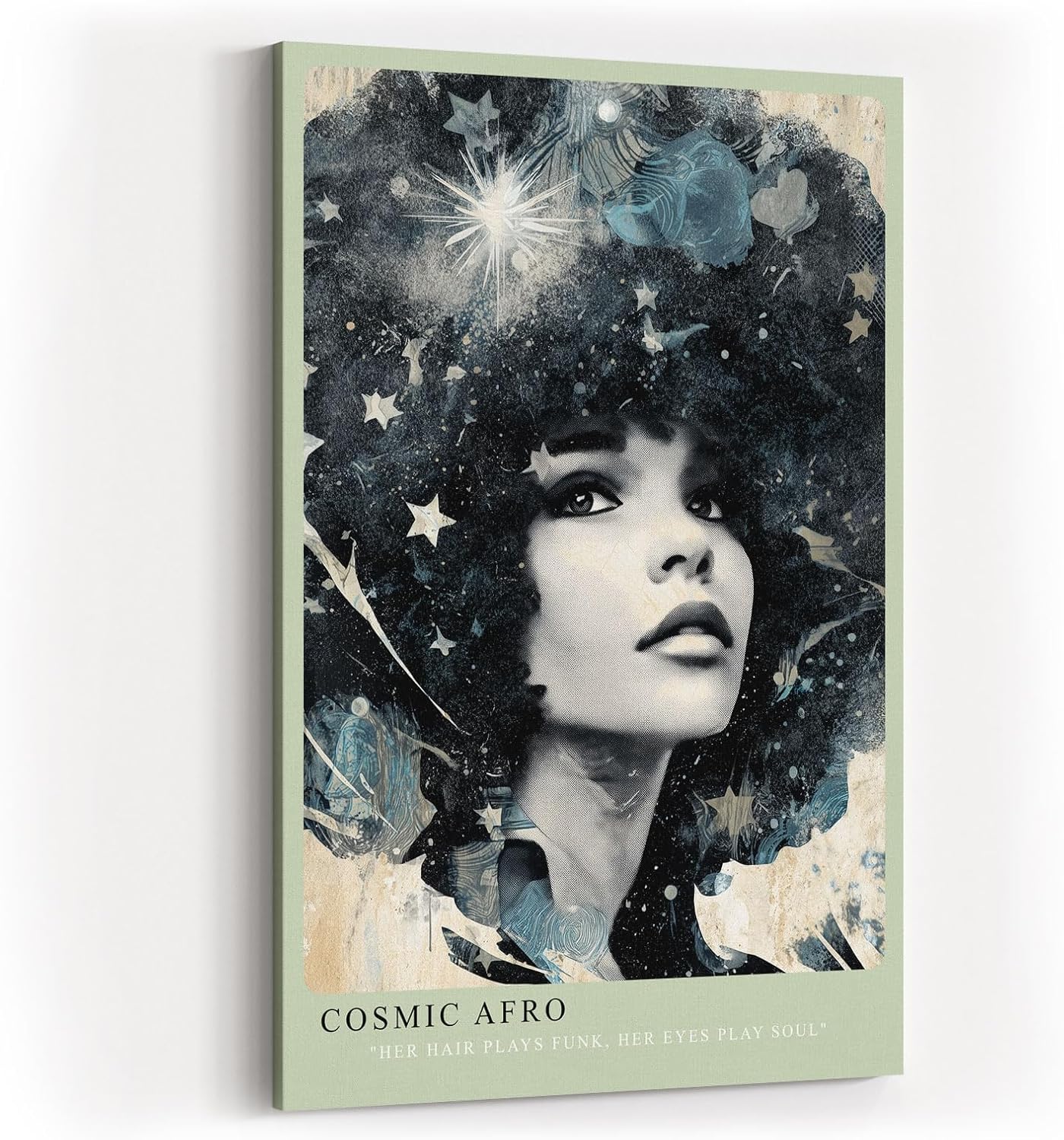 Paul Sinus Wandbild in 40x60cm Cosmic Afro stilvolles Porträt einer Frau mit Afro voller Sterne und kosmischen Elementen