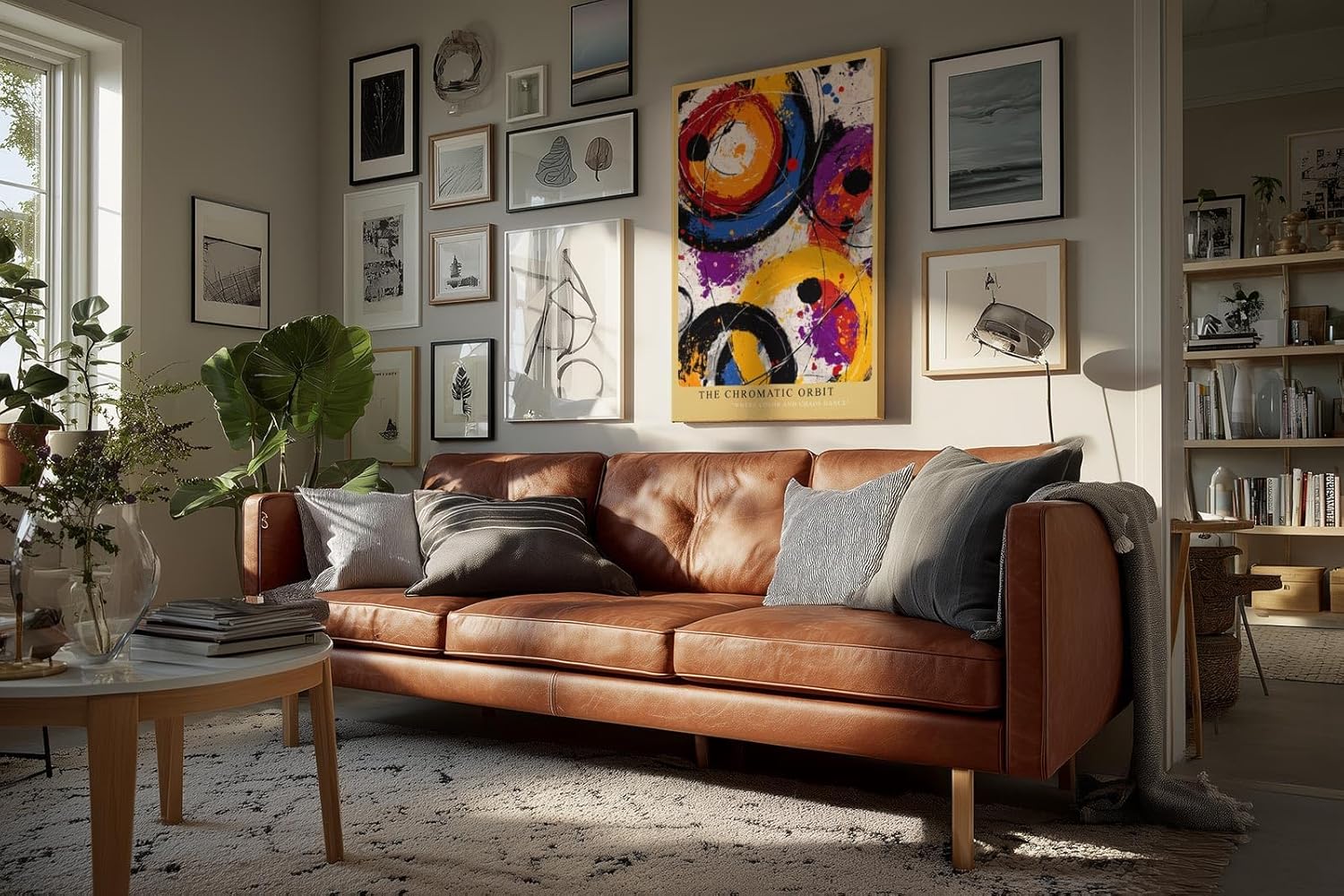 Paul Sinus Wandbild in 40x60cm The Chromatic Orbit – Abstrakte Kreisformationen in kräftigem Orange, Blau, Violett, Rot und Schwarz mit dynamischen Farbspritzern