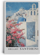 Paul Sinus Leinwandbild 60x90cm Traumhaftes Santorini – Weiß-blaue Architektur mit rosa Blüten und mediterraner Leichtigkeit