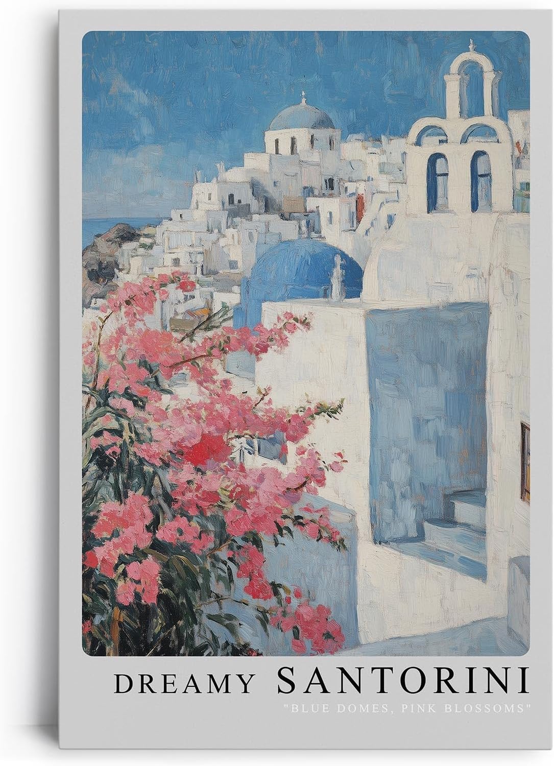Paul Sinus Leinwandbild 60x90cm Traumhaftes Santorini – Weiß-blaue Architektur mit rosa Blüten und mediterraner Leichtigkeit