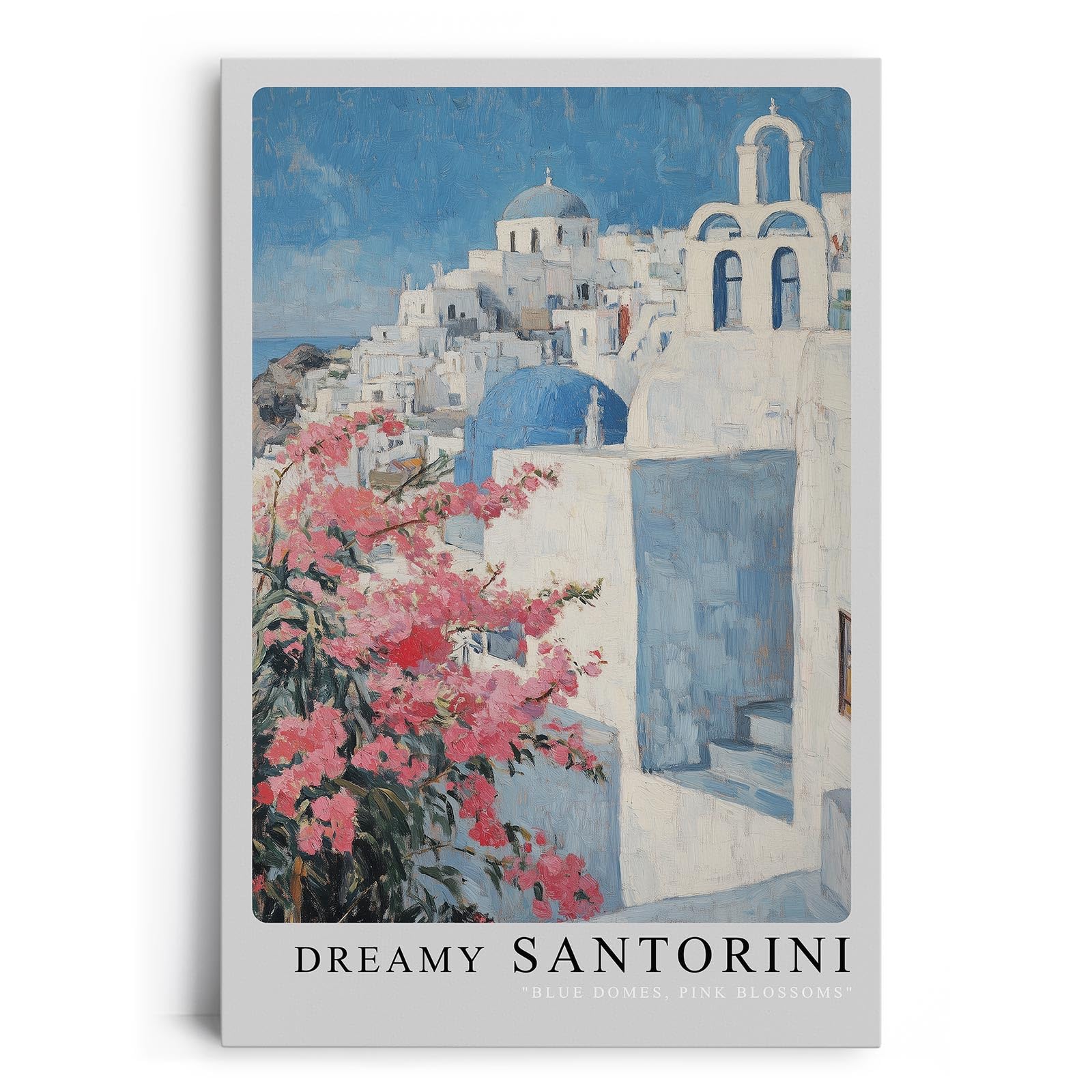 Paul Sinus Leinwandbild 60x90cm Traumhaftes Santorini – Weiß-blaue Architektur mit rosa Blüten und mediterraner Leichtigkeit