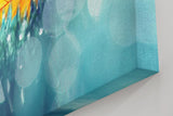 Sinus Art Wandbild 120x80cm Einzelnes orangefarbenes Ahornblatt im feuchten Gras mit Tautropfen und Lichtpunkten