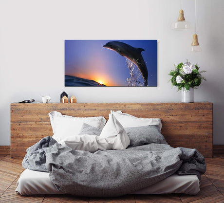 Delfin im Meer mit Wellen ca. 130x70cm Wandbild inklusive Schattenfugenrahmen weiss - Panorama Leinwand Bild XXL Format Wandbilder Wohnzimmer Wohnung Deko Kunstdrucke