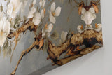 Sinus Art Wandbild 120x80cm Anmutiger Vogel auf einem Ast mit weißen Blüten vor harmonischem Hintergrund – ruhig und ausdrucksstark
