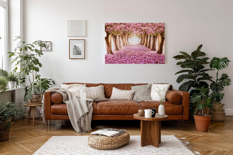 Sinus Art Wandbild 120x80cm Märchenhafter Weg unter rosa Blütenbäumen mit Perspektive und Tiefe