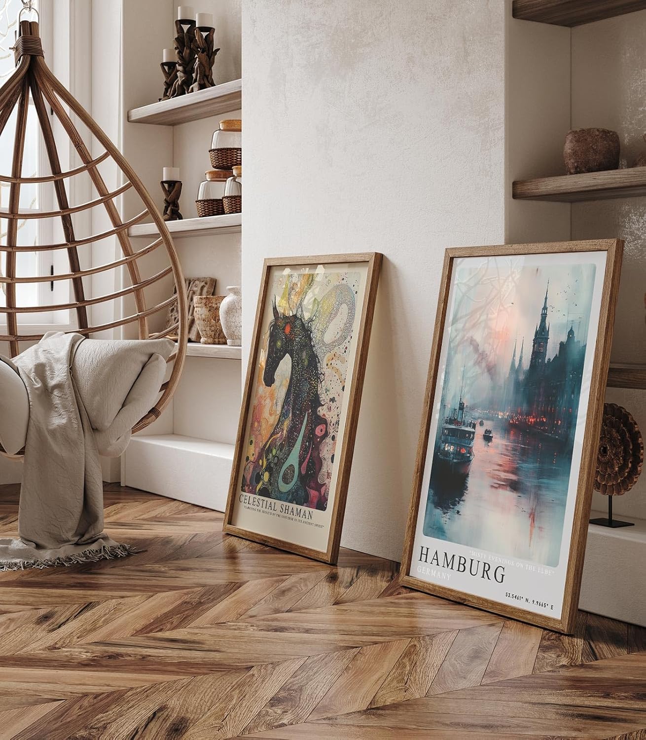 Paul Sinus Leinwandbild 80x120cm Hamburg Misty Evenings – Atmosphärische Hafenszene mit nebligem Elbufer, beleuchteten Gebäuden, Schiffe