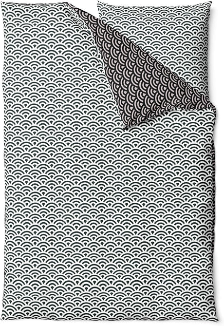 Sinus Art Bettwäsche 135x200 cm + 80x80 cm – Mikrofaser-Wendebettwäsche mit stilisiertem Wellenmuster in Schwarz & Hellgrün – pflegeleicht & atmungsaktiv