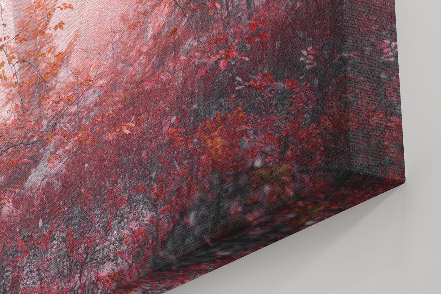 Sinus Art Wandbild 120x80cm Roter Herbstwald mit dichter Vegetation und nebligem Licht – geheimnisvoll und bezaubernd