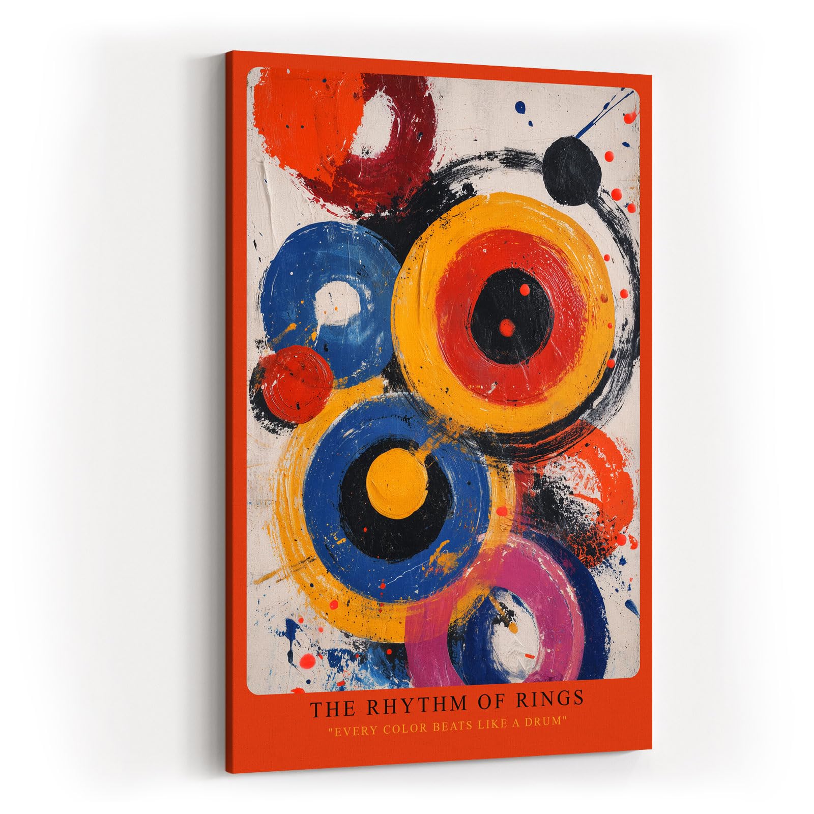 Paul Sinus Wandbild in 40x60cm The Rhythm of Rings – Lebendige Komposition aus farbkräftigen Kreisen in Gelb, Rot, Blau, Pink und Schwarz mit dynamischen Pinselspuren