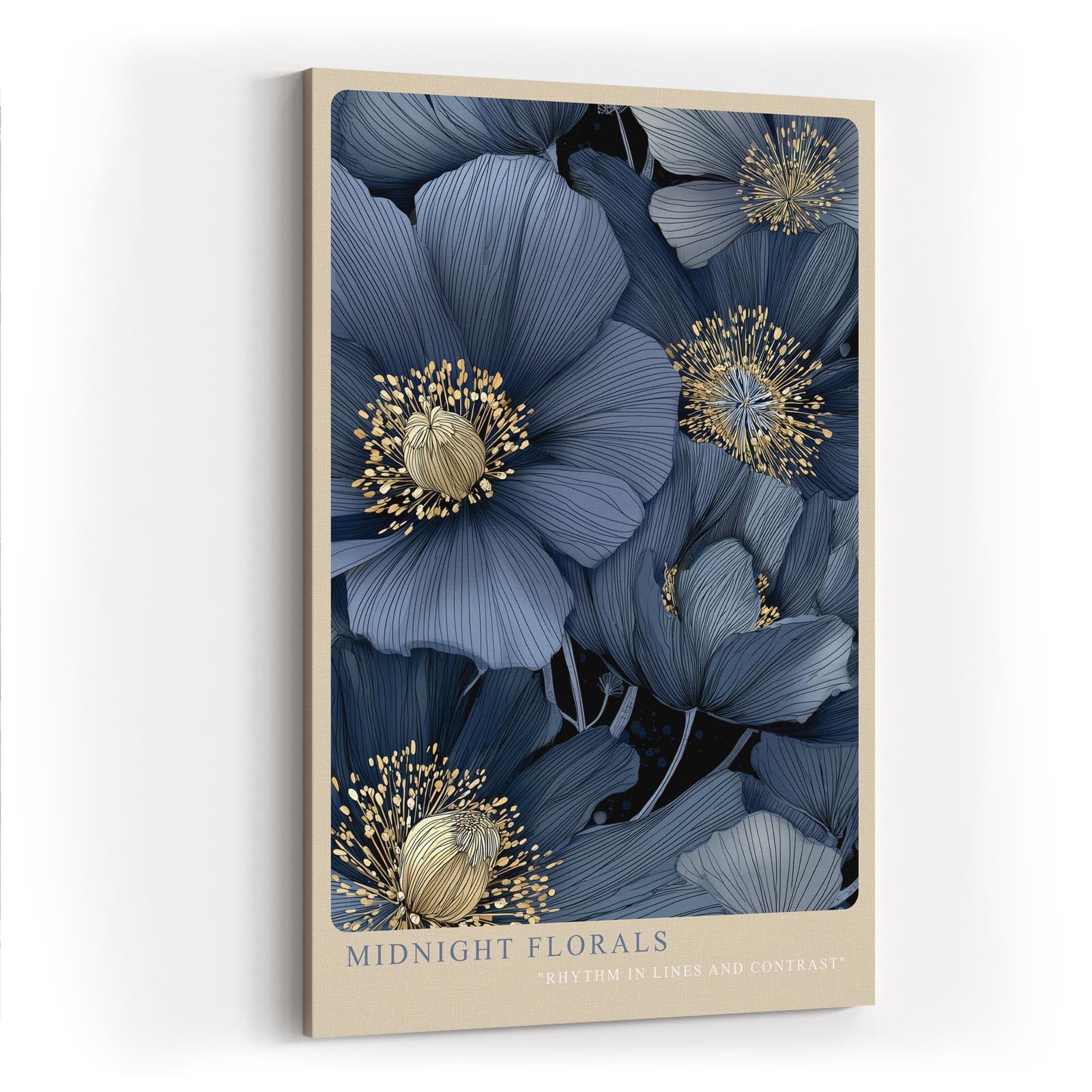 Paul Sinus Wandbild in 40x60cm Midnight Florals Dunkelblaue Blüten Illustration mit Goldakzenten