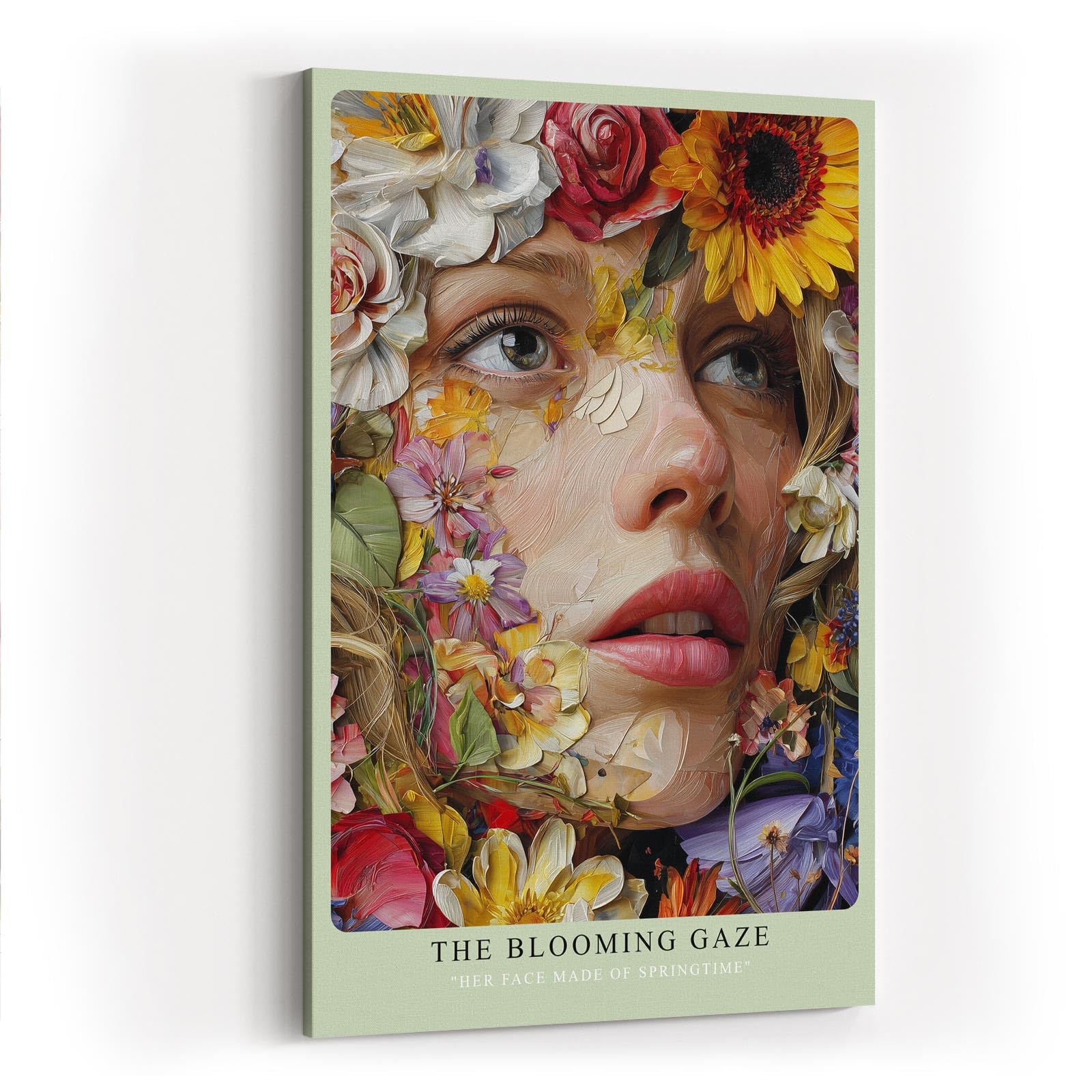 Paul Sinus Wandbild in 40x60cm The Blooming Gaze mit realistischem Frauenportrait und Blüten in leuchtenden Farben für ausdrucksstarke Wandgestaltung