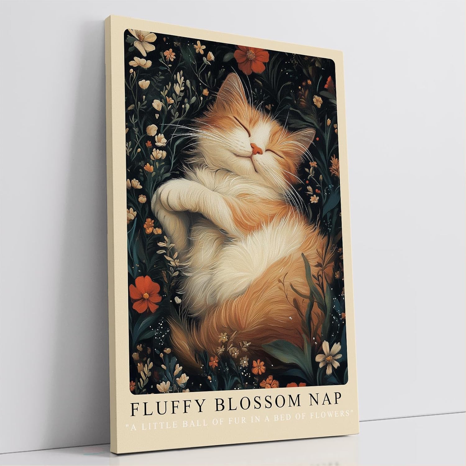 Paul Sinus Leinwandbild 80x120cm verträumtes Kunstwerk einer schlafenden Katze inmitten blühender Blumen, harmonische Naturillustration