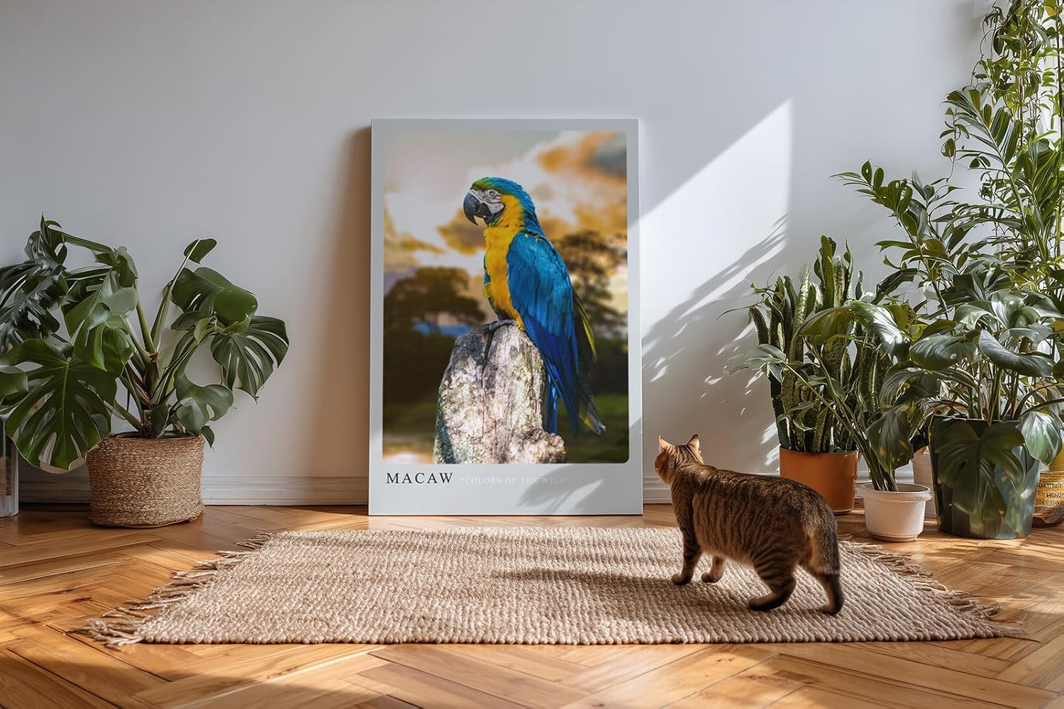 Paul Sinus Kunstdruck 40x60cm Macaw Ara auf Baumstumpf vor Dschungelhintergrund bei Sonnenuntergang