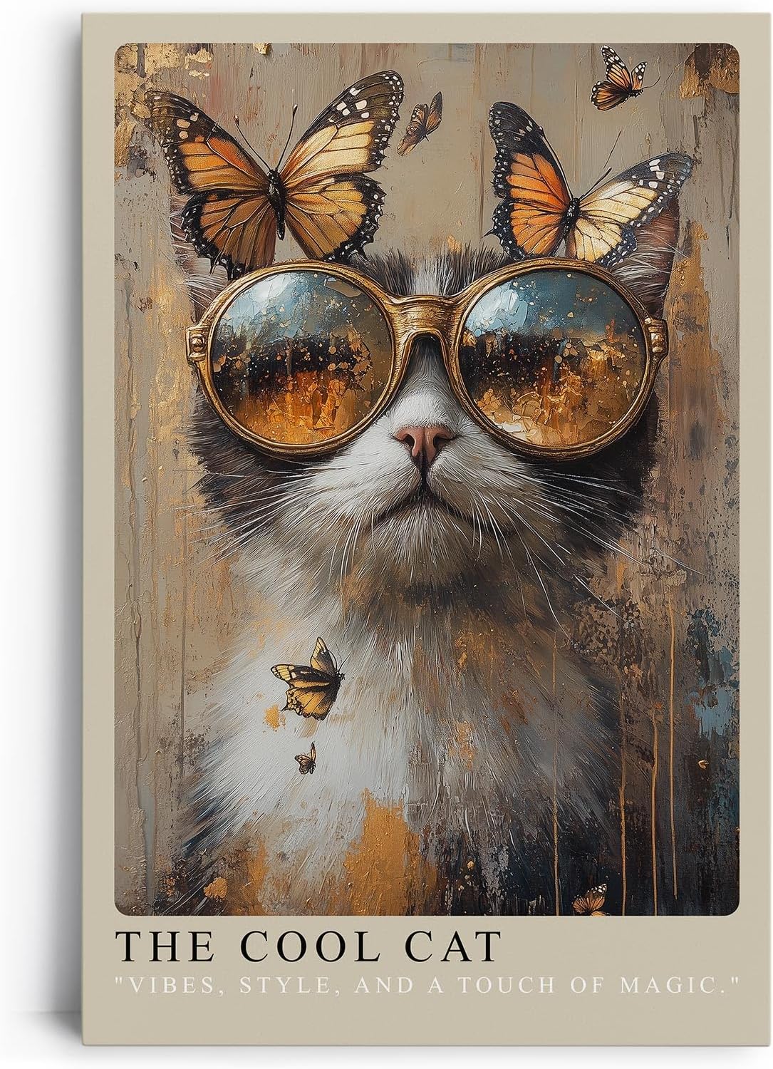 Paul Sinus Leinwandbild 80x120cm The Cool Cat Leinwandbild stilvolle Katze mit goldener Sonnenbrille und Schmetterlingen kreative Kunst mit Vintage-Ästhetik