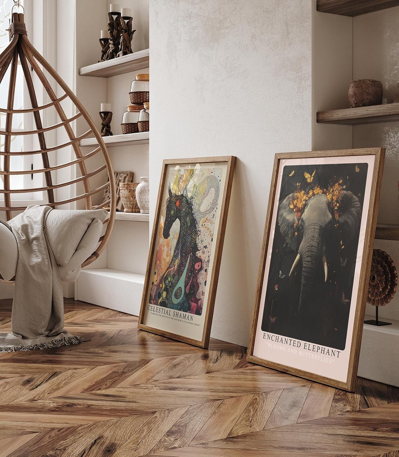 Paul Sinus Leinwandbild 60x90cm mystischer Elefant mit floraler Krone und Schmetterlingen, ausdrucksstarke Wandkunst in dunklen Tönen