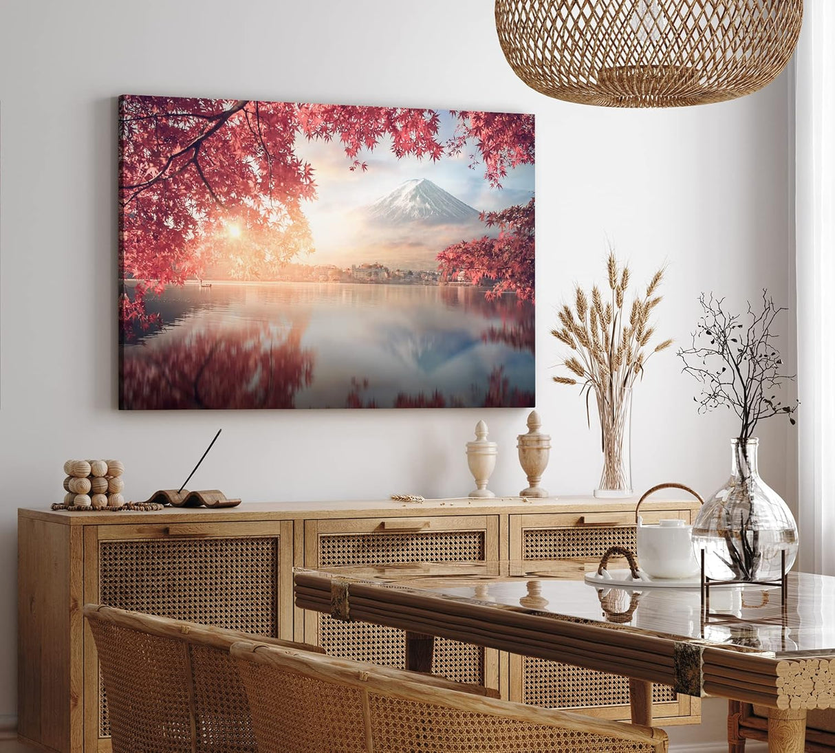 Paul Sinus Wandbild 120x80cm Japan Fuji Berg Baumkrone Herbstblätter Fischerboot