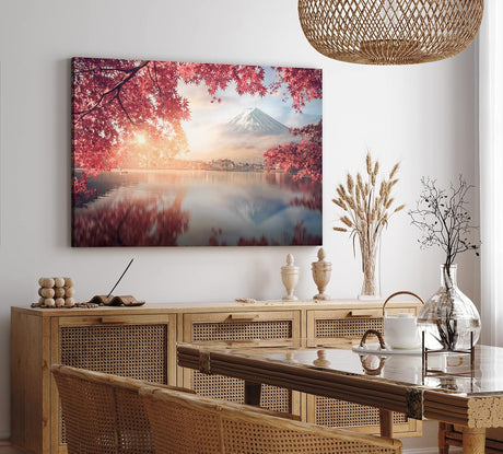 Paul Sinus Wandbild 120x80cm Japan Fuji Berg Baumkrone Herbstblätter Fischerboot