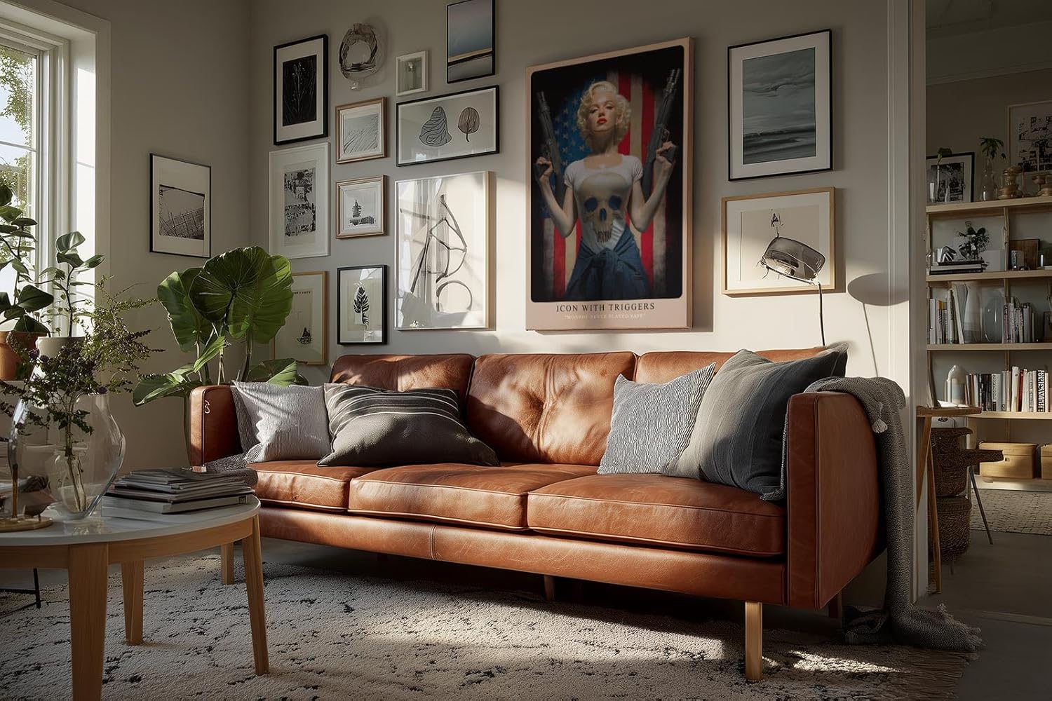 Paul Sinus Wandbild in 40x60cm Marilyn Monroe mit Gewehren vor US-Flagge – provokantes Pop-Art-Motiv mit rebellischem Glamour