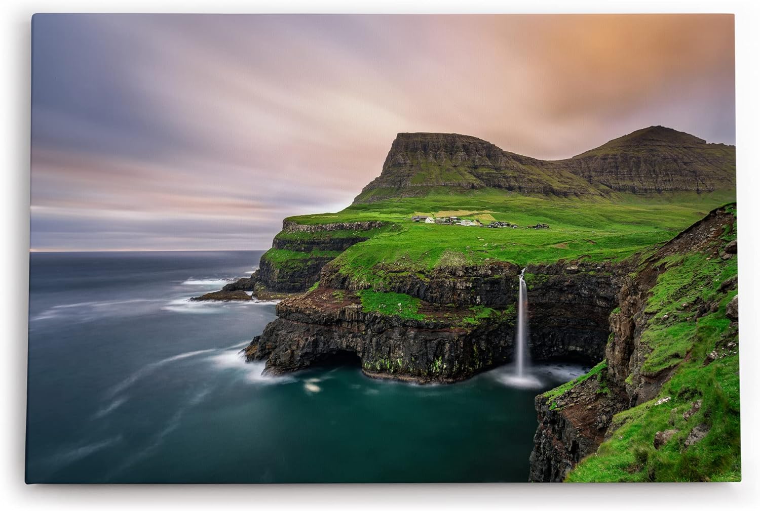 Paul Sinus Wandbild 120x80cm Múlafossur Waterfall Färöer-Inseln Küste Ozean Klippen