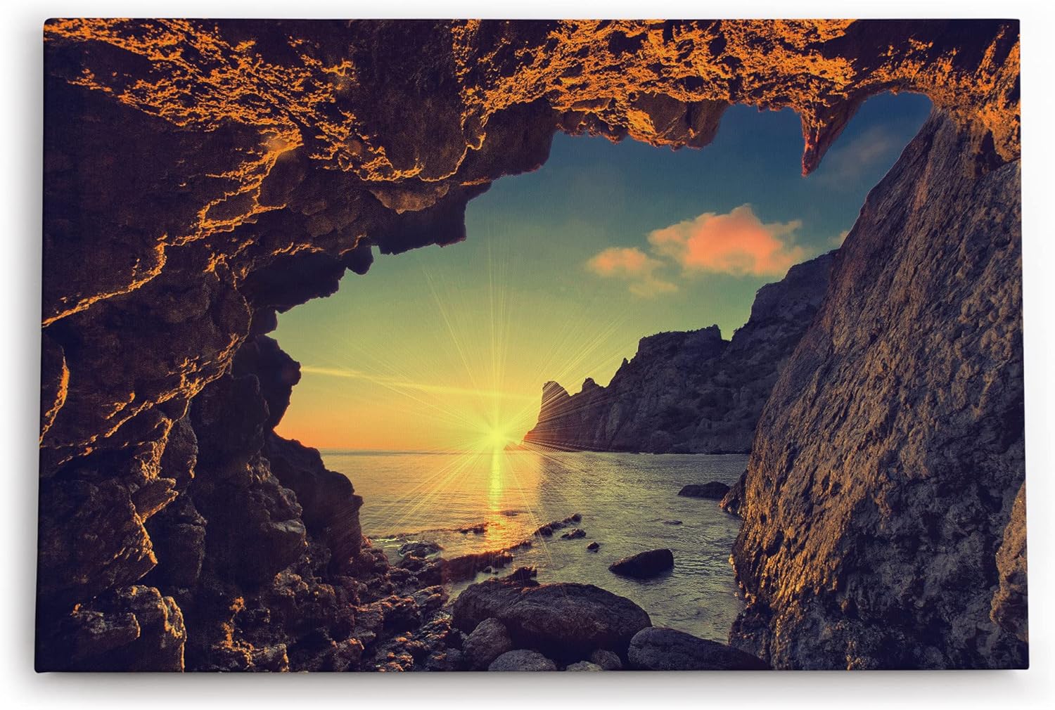 Paul Sinus Wandbild 120x80cm Grotte Sonnenuntergang Meer Felsen Küste Abend