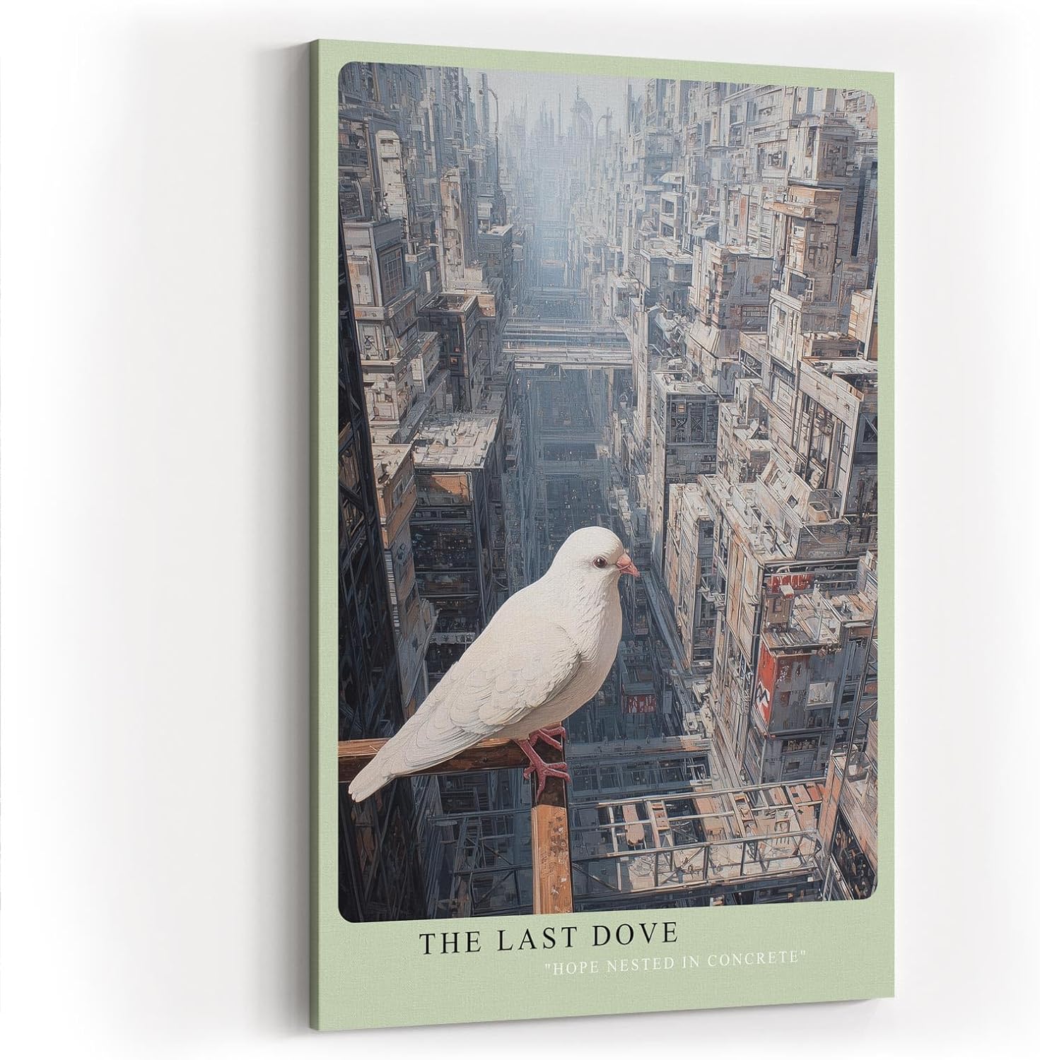Paul Sinus Wandbild in 40x60cm The Last Dove – Weiße Taube in futuristischer Stadtlandschaft