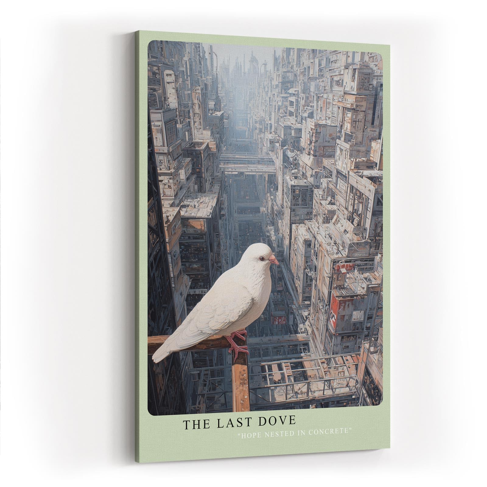 Paul Sinus Wandbild in 40x60cm The Last Dove – Weiße Taube in futuristischer Stadtlandschaft