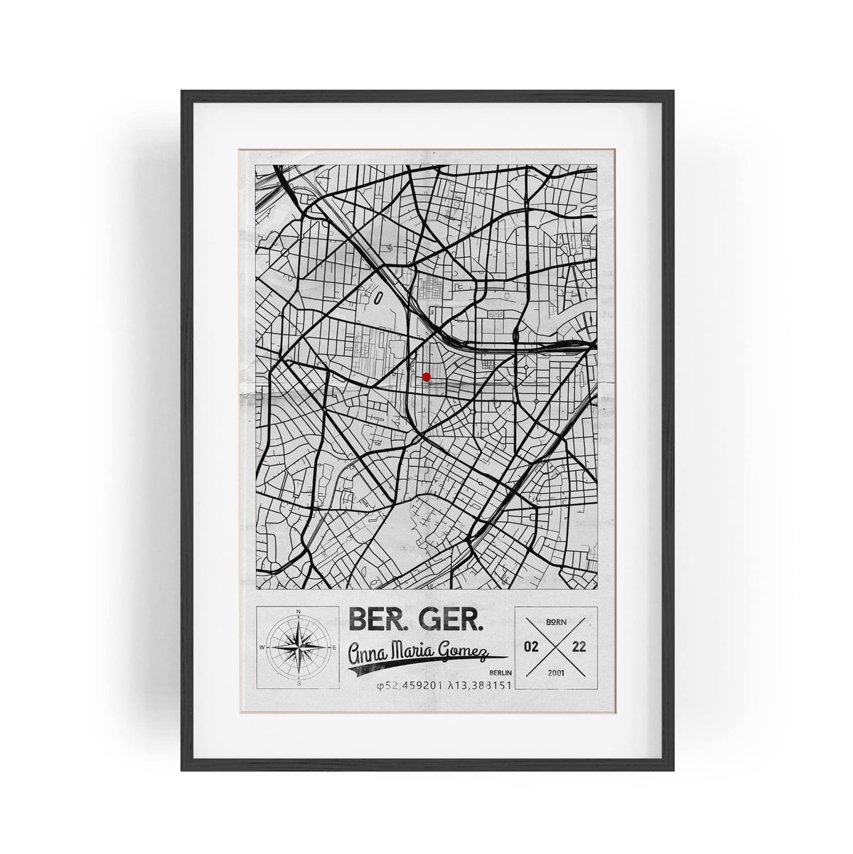 Paul Sinus Bilderrahmen einzigartiger Stadtplan mit deinen GPS Koordinaten und Namen. 30cm x 42cm Holz Wechselrahmen mit Glas und Passepartout. Geschenkidee. Vintage (ohne Rahmen)