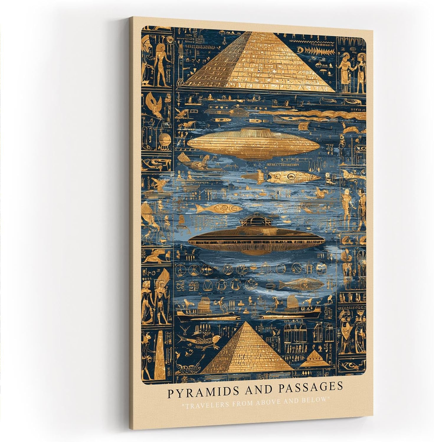 Paul Sinus Wandbild in 40x60cm Pyramids and Passages – Pyramiden, Hieroglyphen und UFO-Szenen in gold-blauer Darstellung