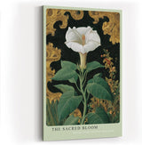 Paul Sinus Wandbild in 40x60cm The Sacred Bloom Botanische Darstellung einer weißen Blüte mit grünen Blättern vor golden verziertem Hintergrund
