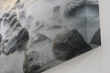 Sinus Art Wandbild 120x80cm Ruhiges Küstenmotiv mit Felsen im Wasser und goldenem Sonnenuntergang