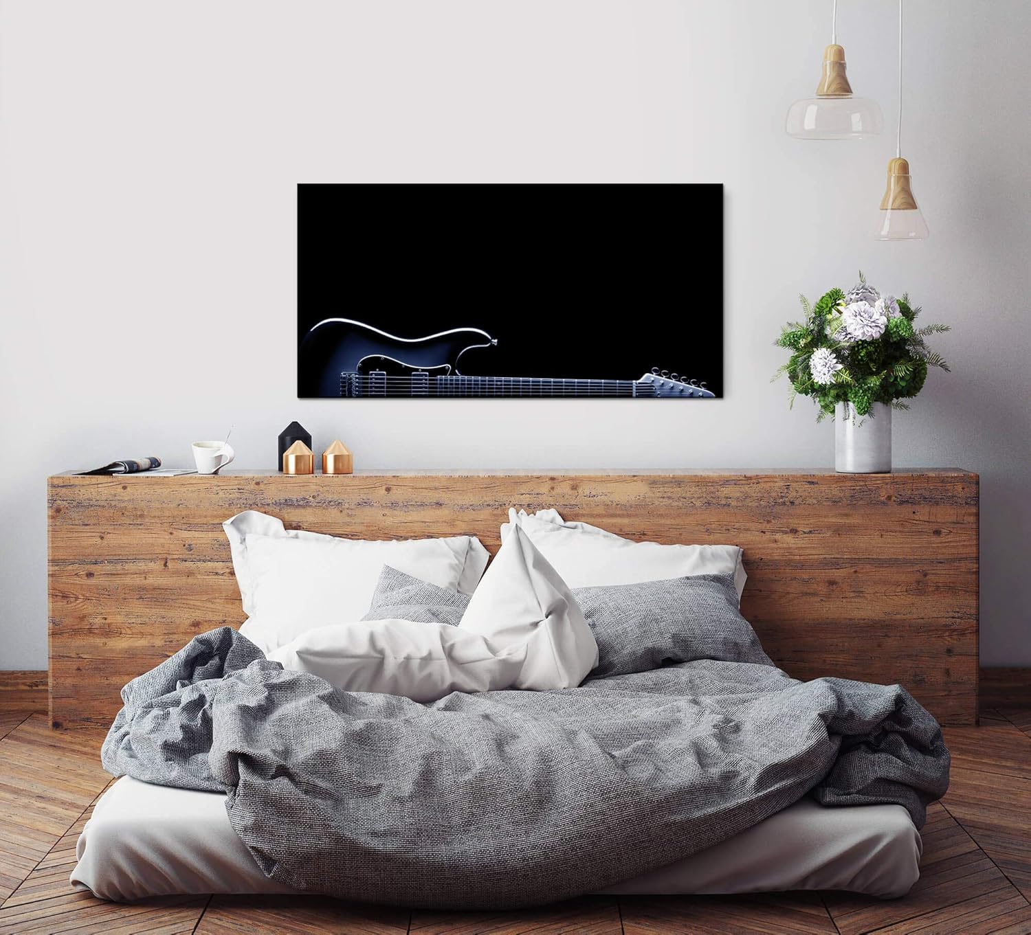 Gitarre in schwarz ca. 130x70cm Wandbild inklusive Schattenfugenrahmen weiss - Panorama Leinwand Bild XXL Format Wandbilder Wohnzimmer Wohnung Deko Kunstdrucke