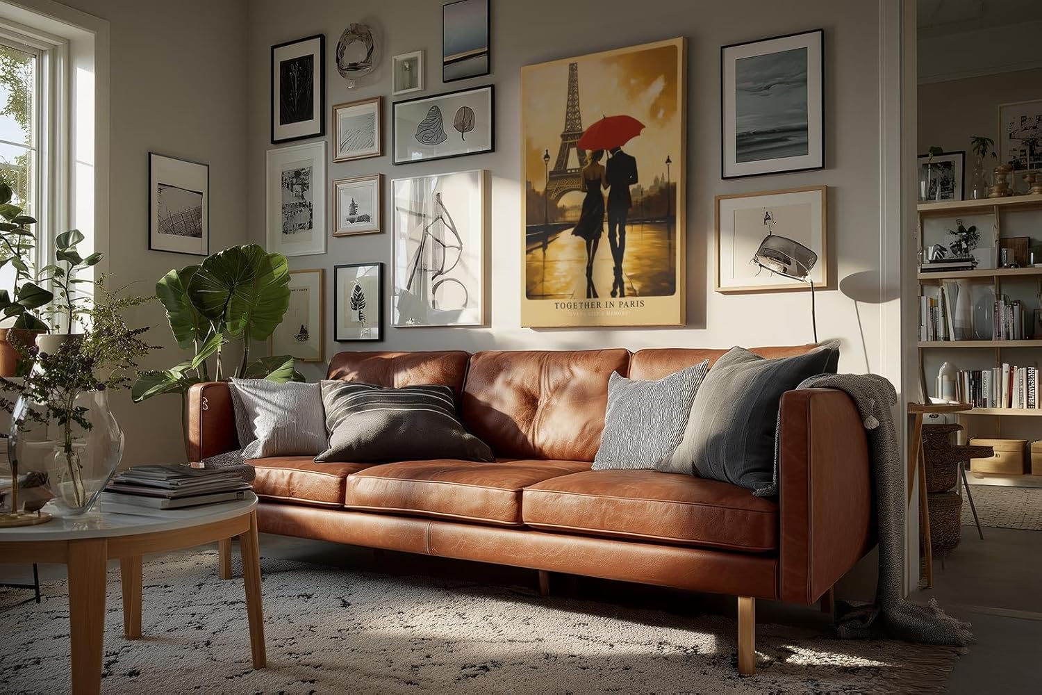 Paul Sinus Wandbild in 40x60cm Together in Paris – romantische Szene eines Paares mit rotem Schirm vor dem Eiffelturm für elegante Raumgestaltung