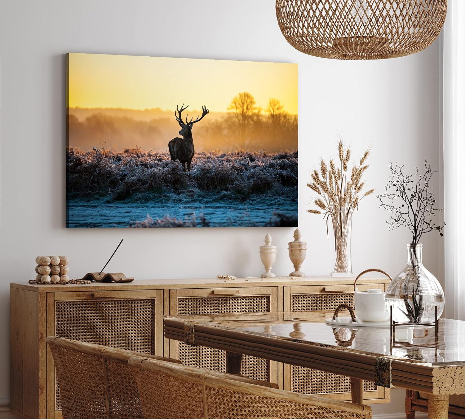 Paul Sinus Wandbild 120x80cm Hirsch Geweih Natur Morgentau Sonnenaufgang Natur