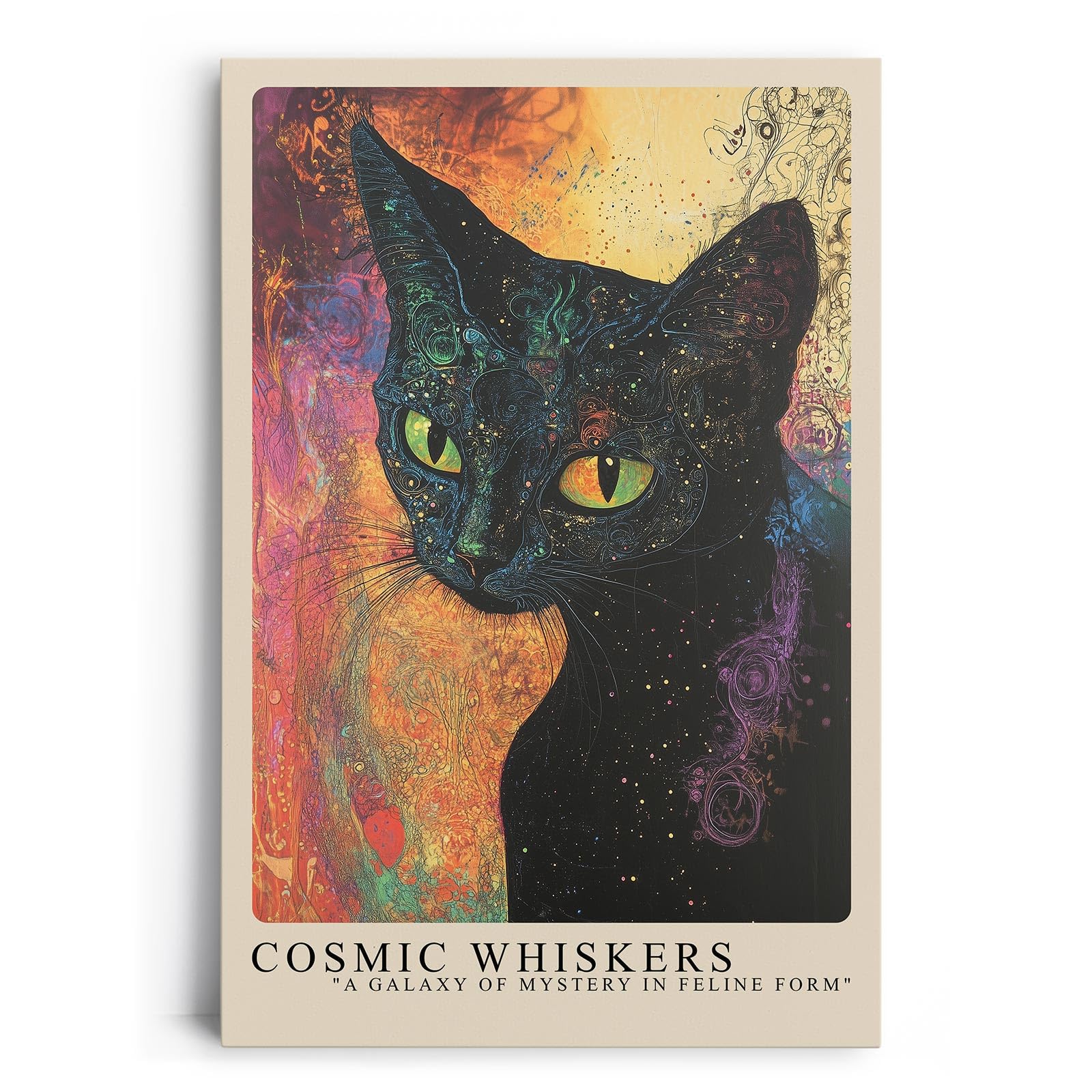 Paul Sinus Leinwandbild 60x90cm faszinierende Darstellung einer kosmischen Katze mit leuchtenden Augen, kunstvolle Wandkunst in galaktischen Farben