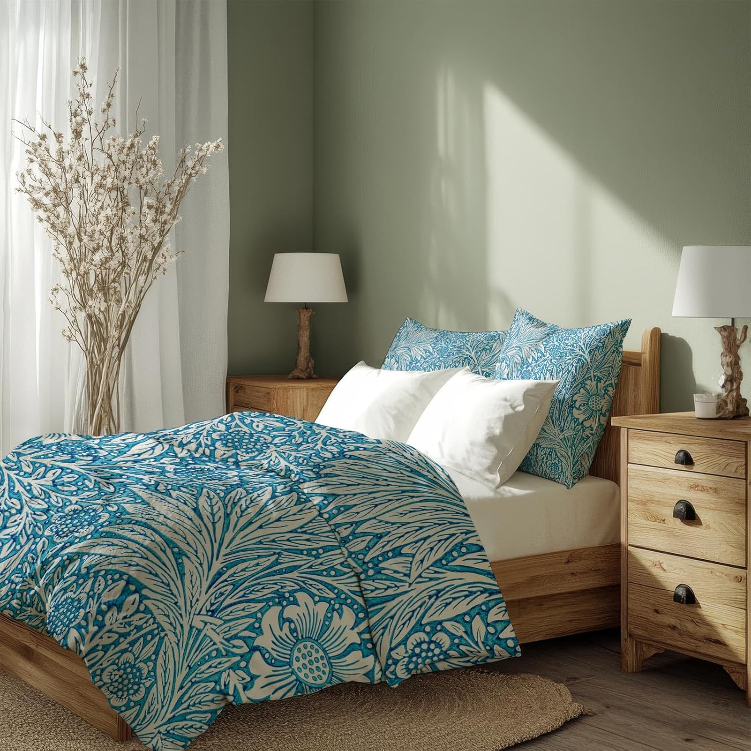 Sinus Art Bettwäsche 135x200 cm + 80x80 cm – florales Wendedesign in Blau und Beige – Mikrofaser – weich & stilvoll