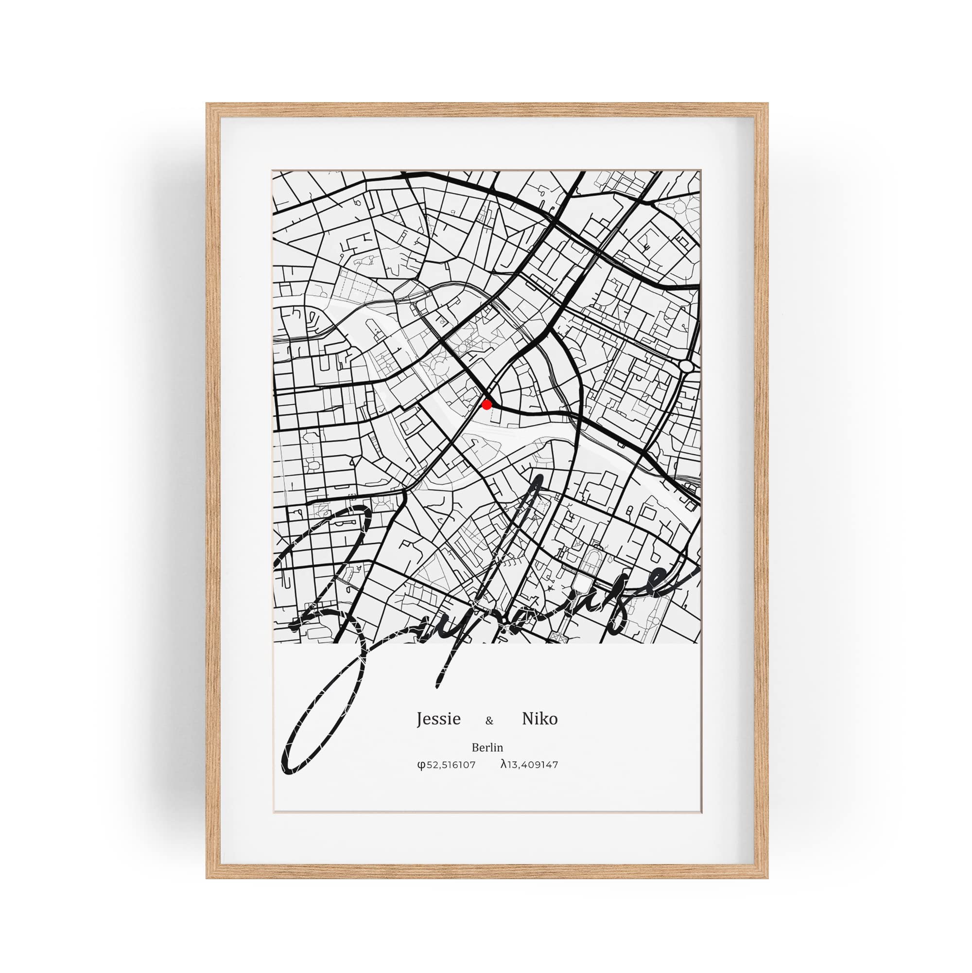 Paul Sinus Bilderrahmen personalisiert mit deinen GPS Koordinaten und Namen. 30cm x 42cm Holz Wechselrahmen mit Glas und Passepartout. Geschenkidee. Individuelle Stadtkarte. (ohne Rahmen)