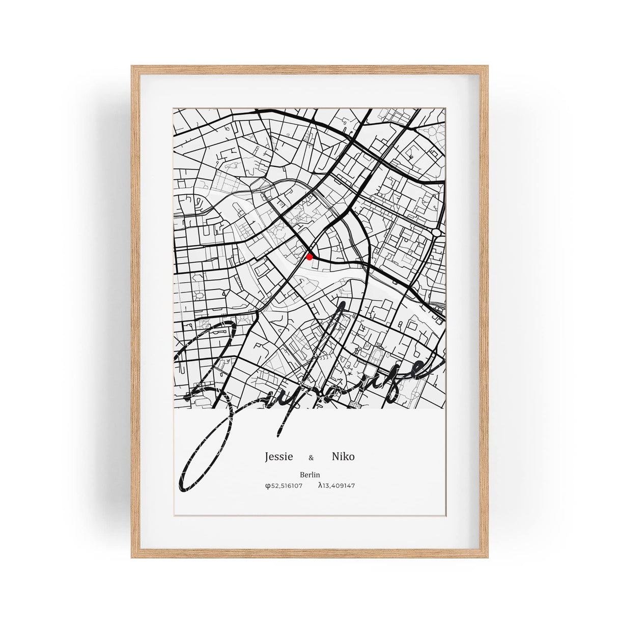 Paul Sinus Bilderrahmen personalisiert mit deinen GPS Koordinaten und Namen. 30cm x 42cm Holz Wechselrahmen mit Glas und Passepartout. Geschenkidee. Individuelle Stadtkarte. (ohne Rahmen)