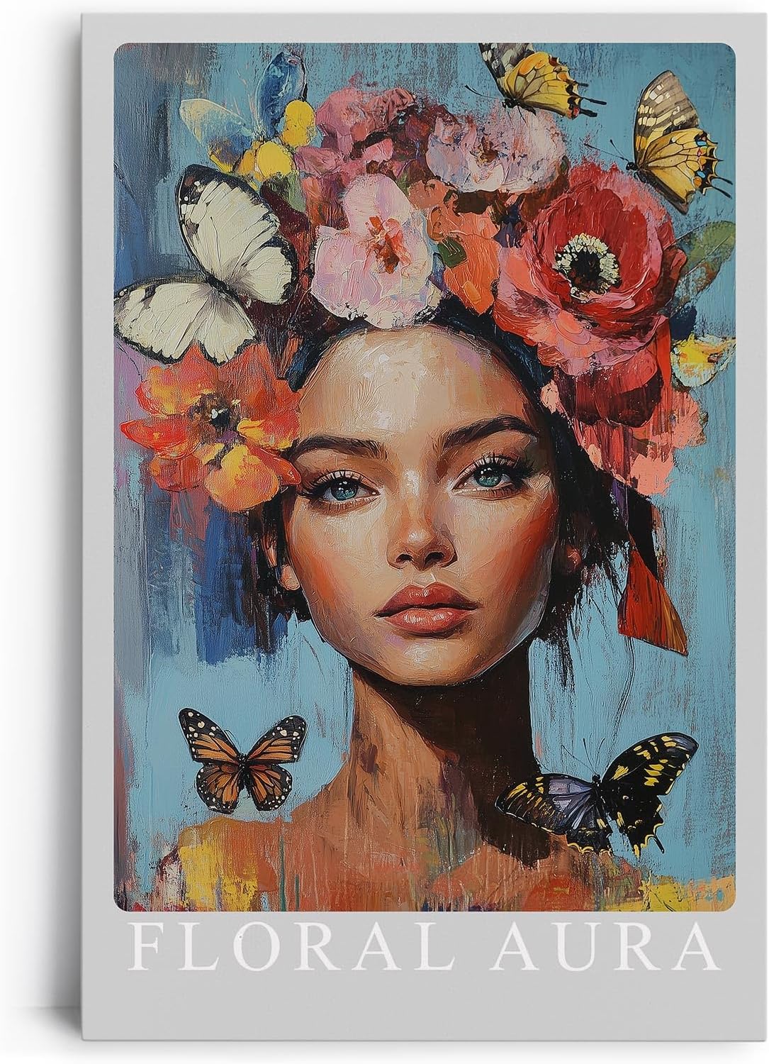 Paul Sinus Leinwandbild 60x90cm Leinwandbild Florale Aura – Ausdrucksstarkes Porträt mit blühender Blumenkrone und Schmetterlingen, leuchtende Farben
